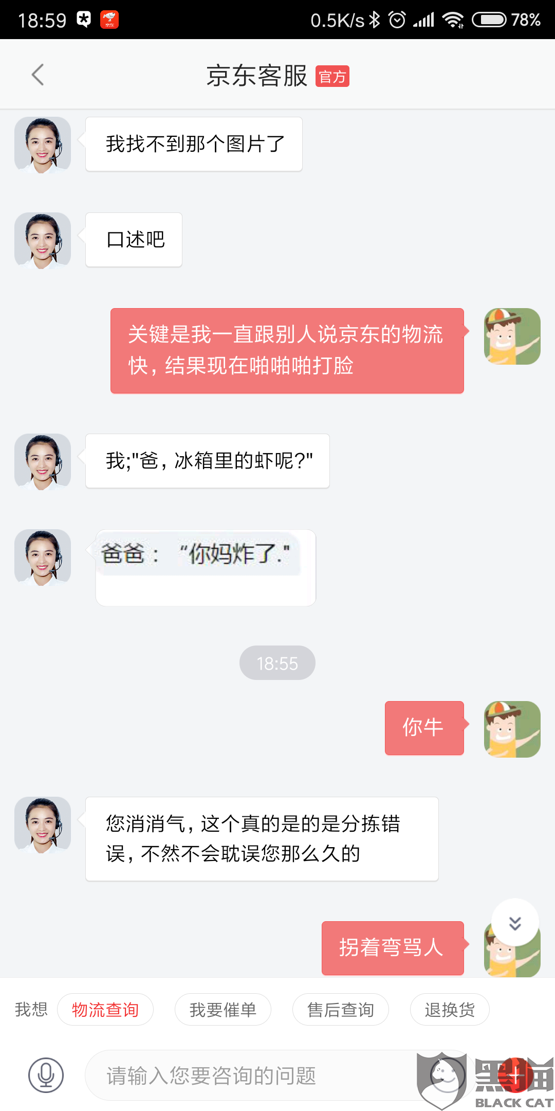 黑猫投诉:京东客服骂人,涉嫌侮辱我的家人
