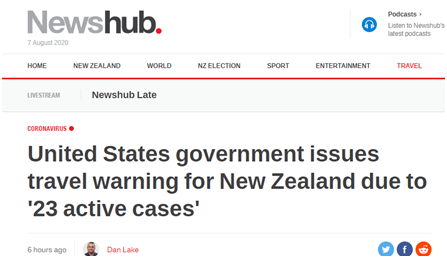 “新闻中心”：美国政府因“ 23例活跃病例”向新西兰发出旅行警告