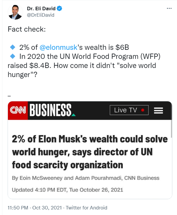 被喊话“2%的财产就能解决全球饥荒” 马斯克回应