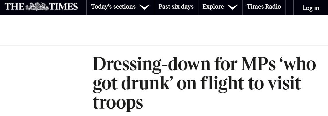 英议员访问部队飞行途中酗酒 国防大臣批评：失望！