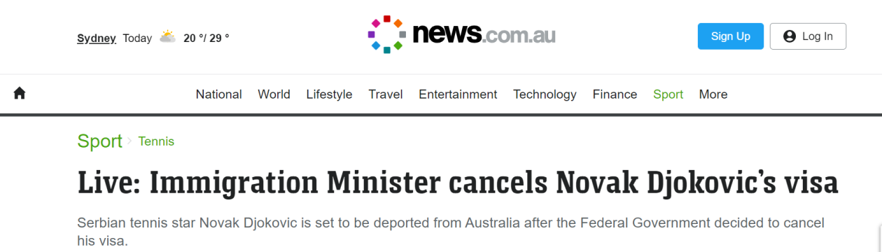 澳媒：签证被澳政府取消后，德约科维奇将被驱逐出境