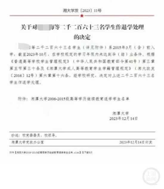 网传湘潭大学的清退文件。       网络截图 
