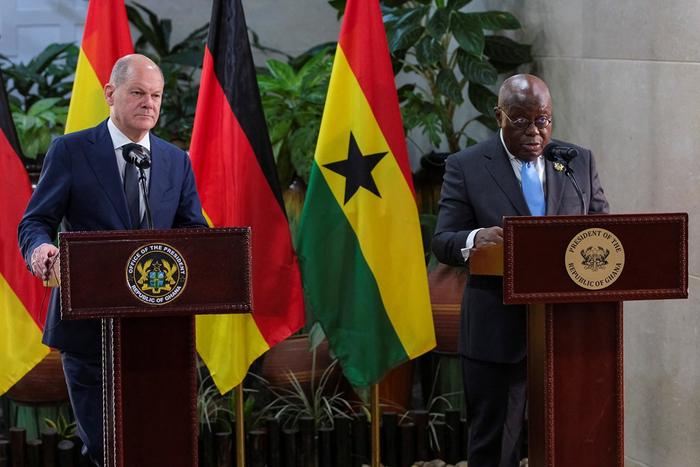 当地时间2023年10月31日，加纳阿克拉，加纳总统阿库福-阿多会见德国总理朔尔茨。