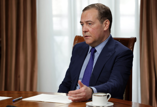 俄罗斯联邦安全会议副主席梅德韦杰夫接受媒体采访。（资料图）