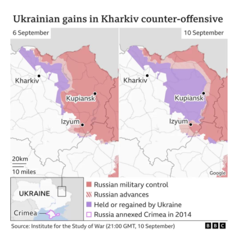 英国广播公司（BBC）制作的乌军本次反攻进展示意图，图中红色为俄军实控区，紫色为乌军实控区，红色虚线为双方交战区（图片来源：BBC）