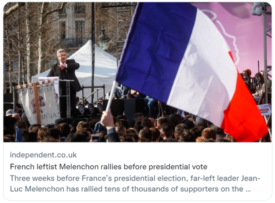 2022年3月，法国极左翼政党“不屈法国”党候选人让-吕克·梅朗雄举行竞选集会。  社交媒体截图
