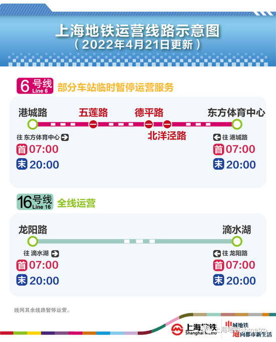 【重要信息公告】4月21日起至另有通知时止 暂停6号线北洋泾路站运营服务