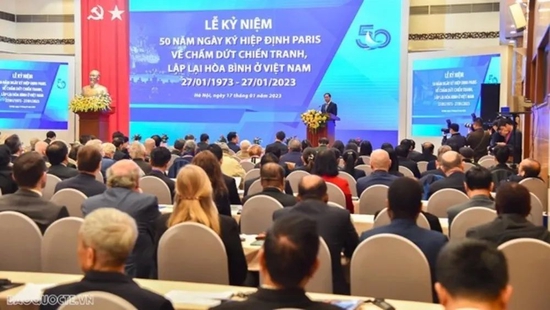 1月17日上午，越南外交部在河内举行关于在越南结束战争、恢复和平的《巴黎协定》签署50周年纪念活动，裴青山讲话 图：越南外交部网站