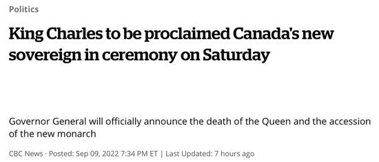 在查尔斯三世登基仪式开始前，加拿大广播公司报道：英国国王查尔斯三世继位成为加拿大国家元首的仪式将于格林尼治标准时间9月10日14时在渥太华举行加拿大广播公司报道截屏