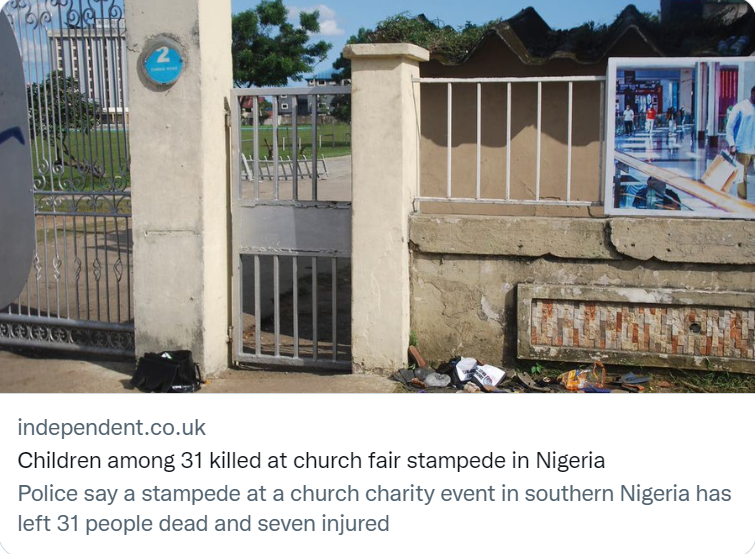 尼日利亚慈善活动上发生踩踏事故，31人死亡。英国《独立报》报道截图