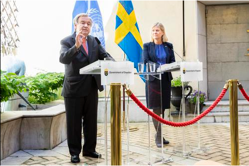 ▲6月1日，联合国秘书长古特雷斯在瑞典首都斯德哥尔摩呼吁国际社会采取迅速果断的行动，以应对俄乌冲突可能引发的粮食危机。图/新华社