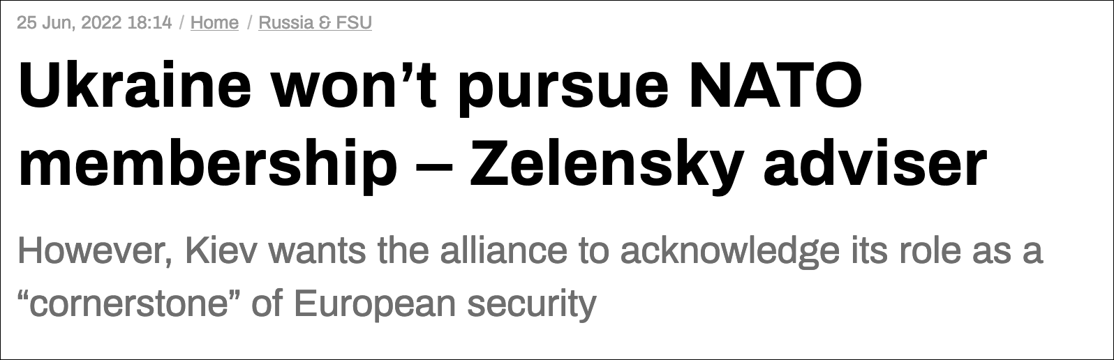 “今日俄罗斯”：泽连斯基顾问说，不再寻求成为北约成员国