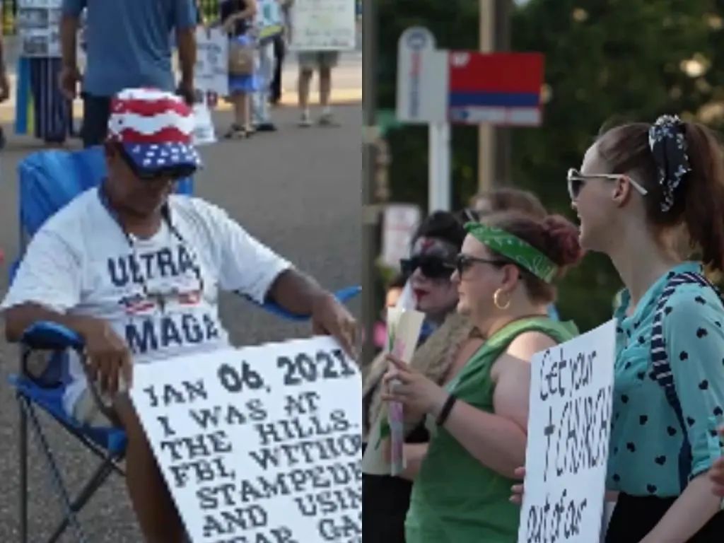 7月3日拍摄的白宫门前的抗议者（左）和联邦最高法院门前的抗议者。图源：新华社