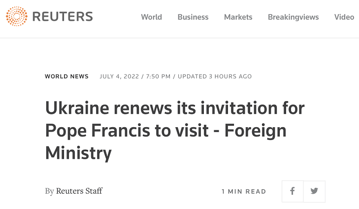 乌克兰对教皇发声：邀请，敦促
