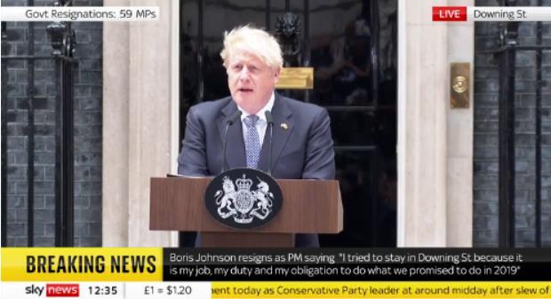 当地时间7月7日，英国首相约翰逊发表辞职声明。图片来源：英国天空新闻网截图