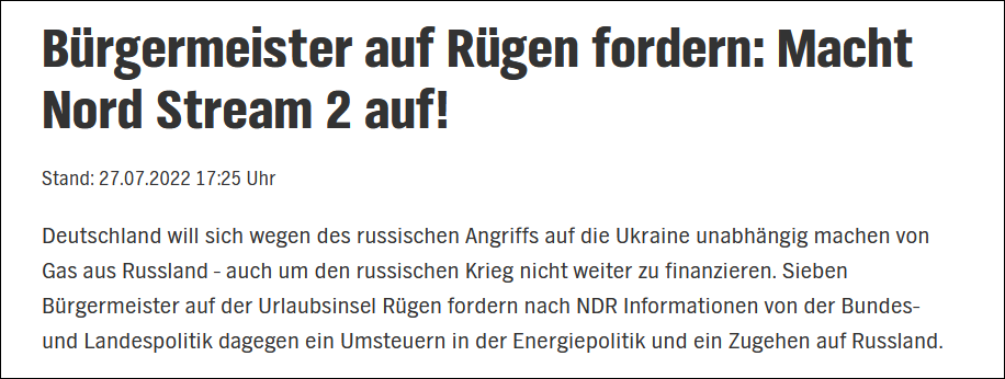 德国媒体NDR报道截图：德国市长们要求，快启用北溪2号！