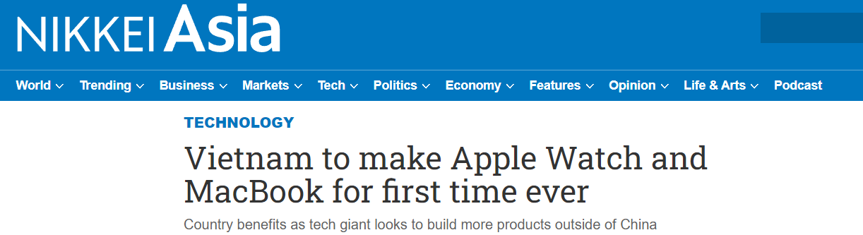 越南将首次开始制造Apple Watch和MacBook 日经亚洲报道截图