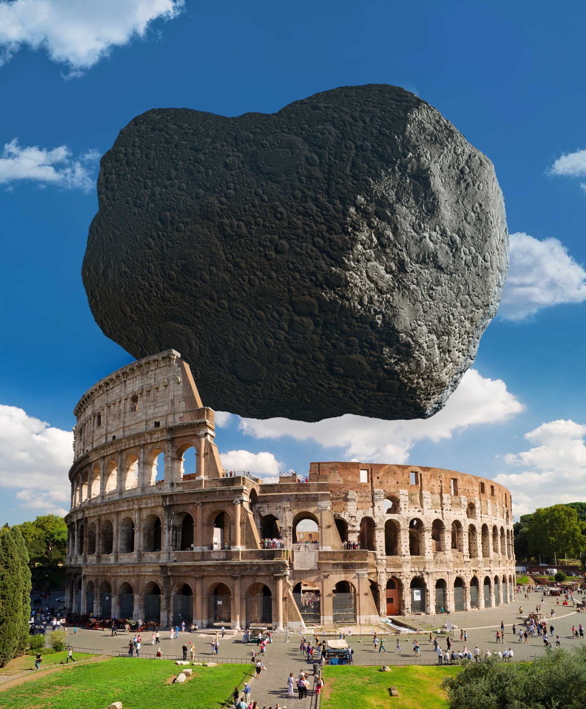 欧洲航天局对比图：撞击目标“迪莫弗斯”小行星直径大致相当于罗马竞技场