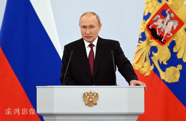 当地时间2022年9月30日，俄罗斯莫斯科，乌东四地合并条约签署后，俄罗斯总统普京在克里姆林宫发表讲话。