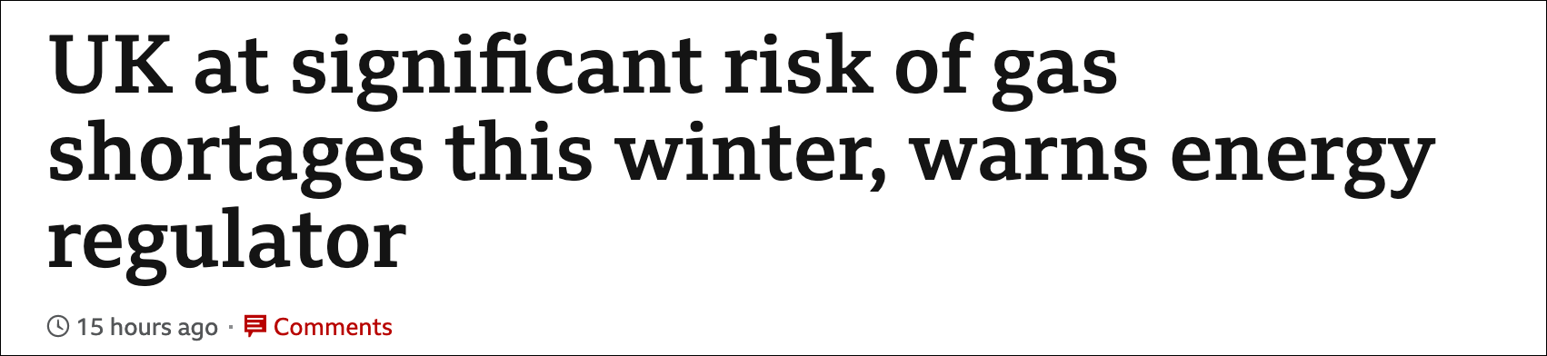 英国BBC报道：今冬英国面临天然气短缺的重大风险