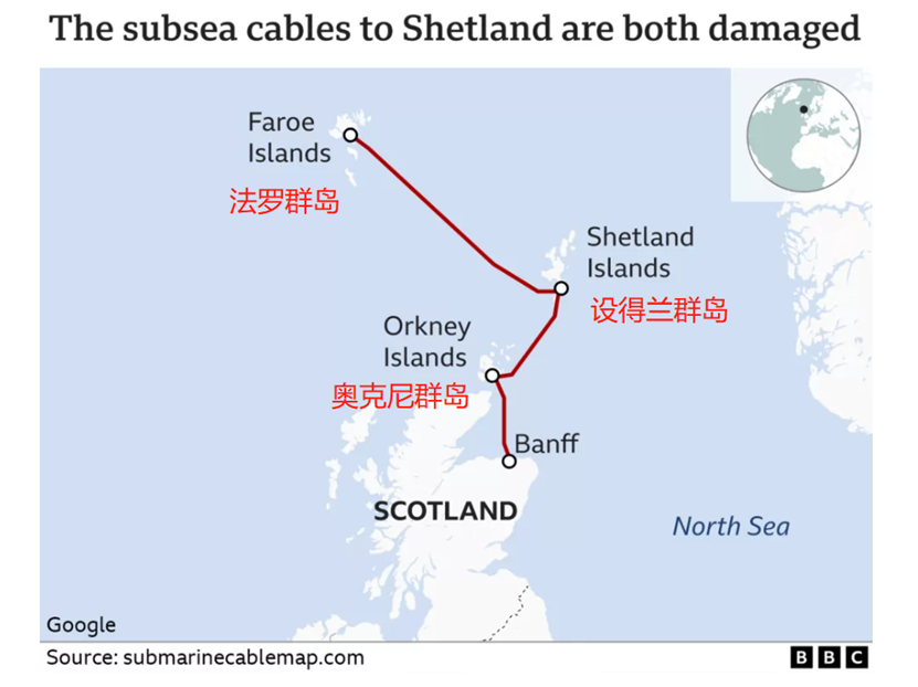 连接设得兰群岛的对外通信线路示意图。图片来自BBC。图中红字为编者所加。