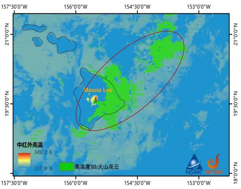 风云三号E星/MERSI-LL 中红外增强图叠加火山灰云监测产品，红圈内为火山灰云