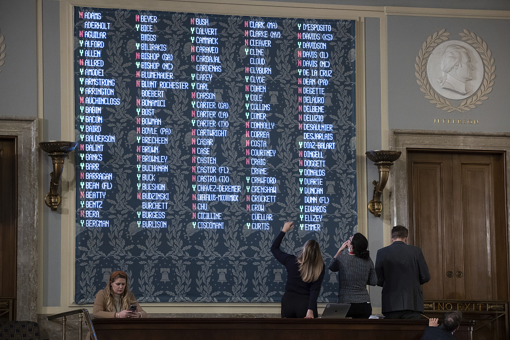 地时间2023年1月4日，美国华盛顿特区，美国国会大厦众议院议长选举期间，会议厅墙上显示的投票结果。