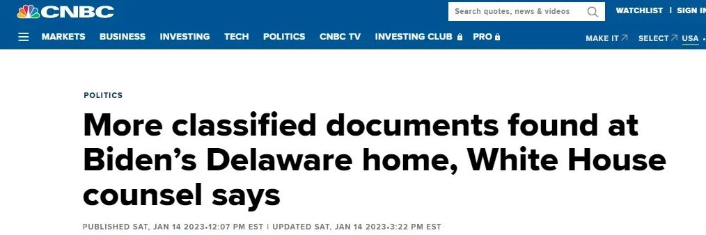  白宫法律顾问承认，拜登私宅内发现更多机密文件。图片来源：CNBC报道截图
