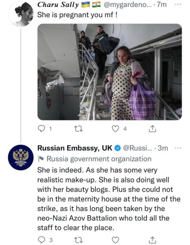 俄罗斯驻英国大使馆称这位孕妇是“逼真的化妆”