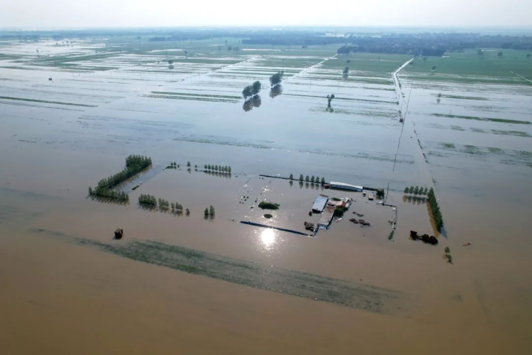 2021年7月24日，河南省滑县，卫河长虹渠滞洪区内的道路已被洪水淹没。图/中新社发  王子瑞 摄