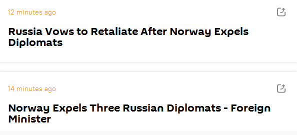 俄媒：挪威驱逐3名俄外交官，俄方誓言报复