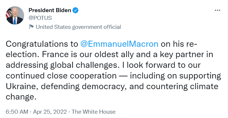 拜登发推文，祝贺马克龙成功连任法国总统