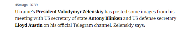 见完美国务卿和防长，泽连斯基刚在社交媒体上发图