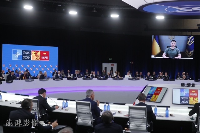当地时间2022年6月29日，西班牙马德里，乌克兰总统泽连斯基以视频形式在北约峰会上发表了讲话。