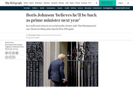 《每日电讯报》：鲍里斯·约翰逊“相信他明年会再次出任首相”