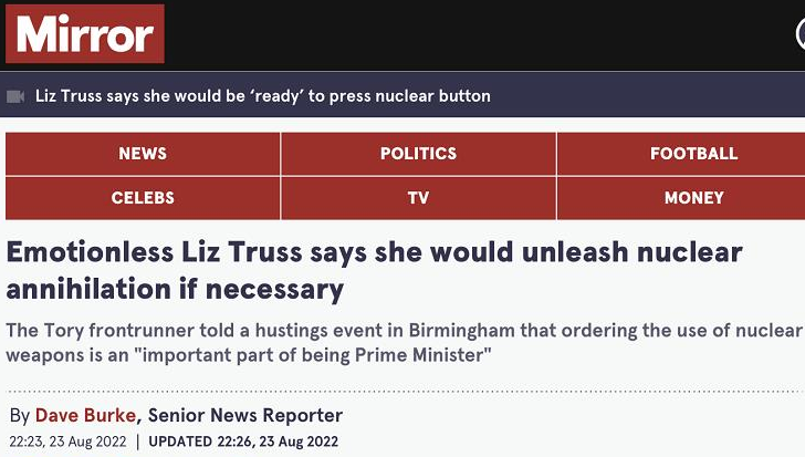 特拉斯称按下核按钮“是首相重要职责”，英媒：她说可在必要时释放核毁灭！