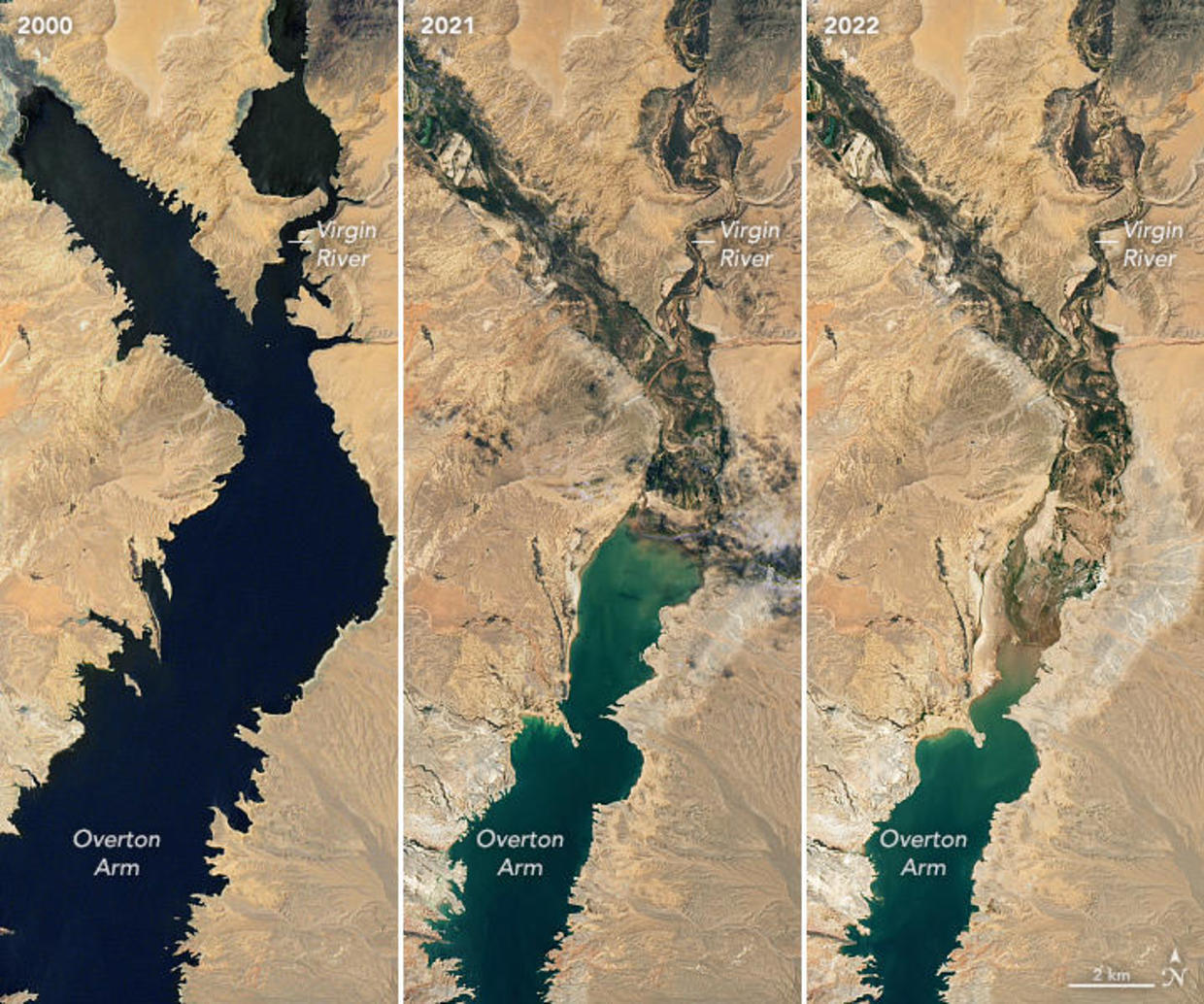 ↑米德湖近3年水面面积对比（从左至右分别为2000年、2021年 和2022年）