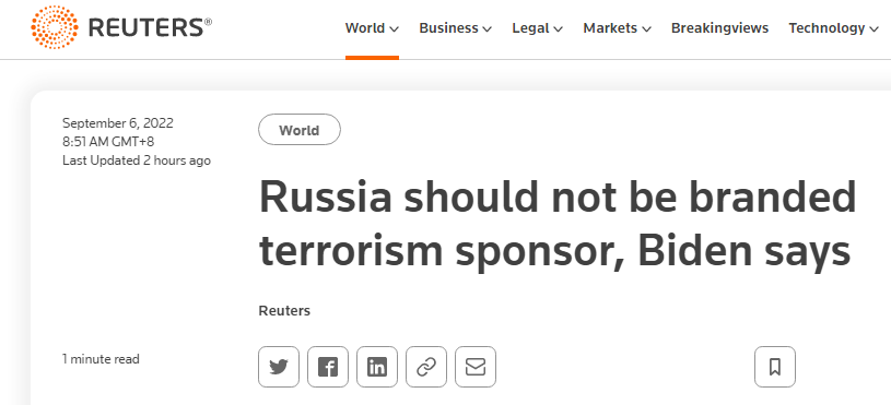 拜登最新表态：俄罗斯不应被认定为“支持恐怖主义国家”