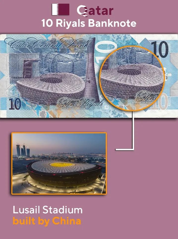 ▲卡塔尔面额10里亚尔纸币——卢赛尔体育场