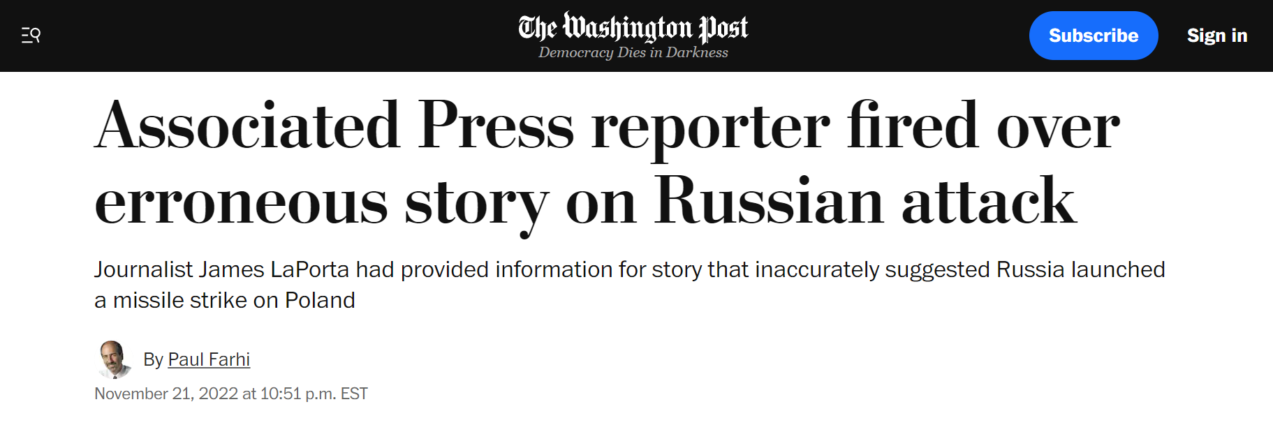 美媒：因错误报道“俄罗斯导弹落入波兰”翻车，美联社一记者被解雇