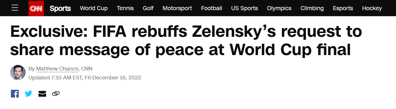 美媒独家消息：泽连斯基要求在世界杯季军赛前“露面”，国际足联拒绝