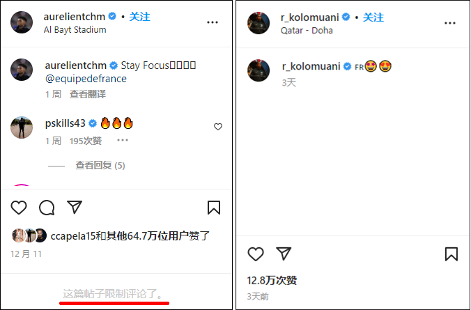 琼阿梅尼（左）和穆阿尼（右）Ins截图