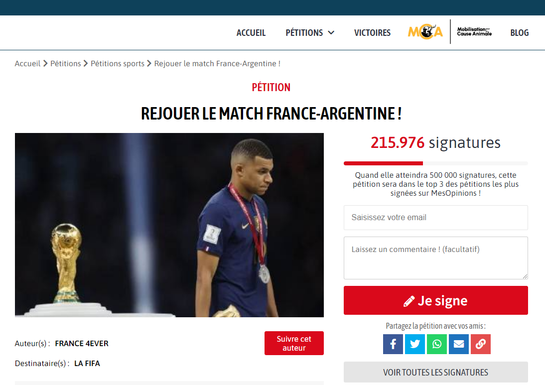 英媒：法国请愿网站出现重踢世界杯决赛请愿书，已获超20万签名
