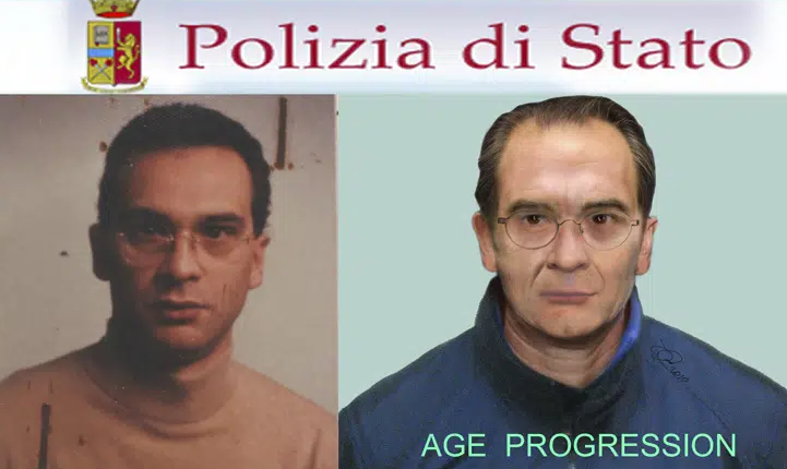 德纳罗被捕画面（上），以及意大利警方根据线索用计算机生成的德纳罗头像（下图右侧）